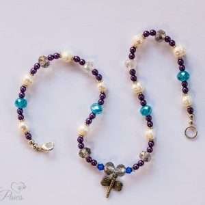 cat dog pet necklace purple beads large sky blue round czech crystals with cultured pearls and silver hanging dragonfly pendant charm on white background