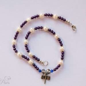 medium cat dog pet necklace purple beads with cultured pearls on white background