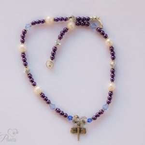 small cat dog pet necklace with cultured pearls and purple beads on white background