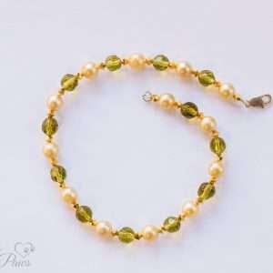 medium dog cat pet necklace pearl beads with olive green czech crystals and gold spacers on a white background