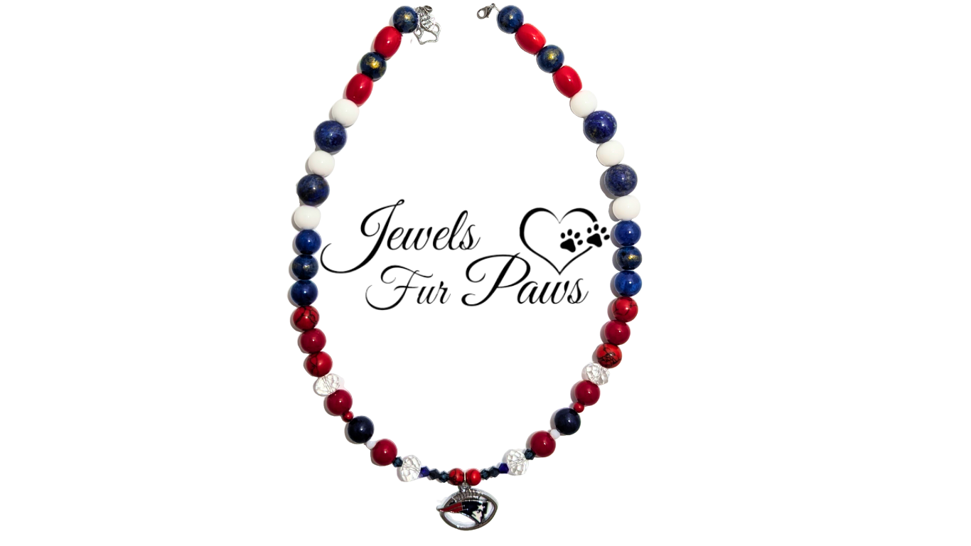 Handcrafted 18-inch New England Patriots pet necklace featuring white agate jade, red jasper, lapis chakra beads, and a shimmering Patriots football charm—displayed on a soft pet background for a stylish and sporty game-day look.