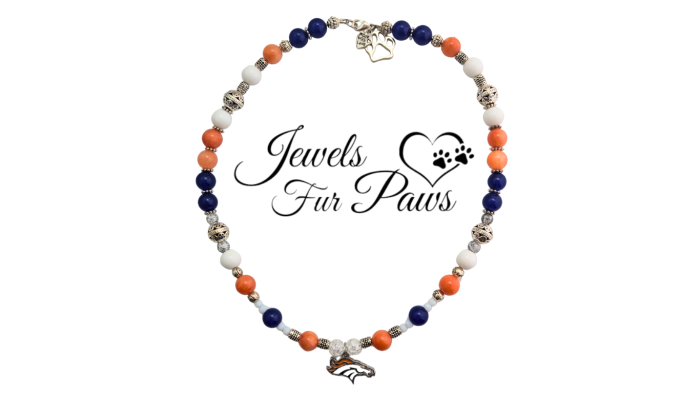 Handcrafted Denver NFL Broncos Charm Necklace for pets, featuring team-colored beads and Broncos charm, designed to enhance creativity and vitality