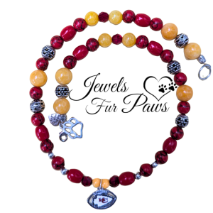 Custom Football Pet Necklace for Kansas City Fans featuring team colors and a fun, creative design with charms, perfect for pets and parents to show off their team spirit.