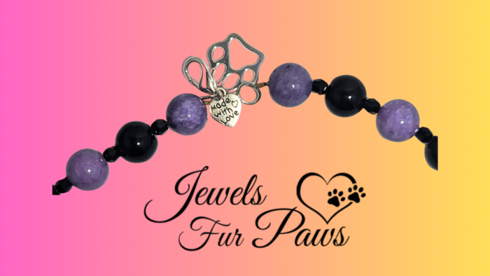Handcrafted Baltimore Ravens pet necklace with purple jade, white agate, onyx beads, and gold lava for football fans.