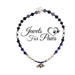 Handcrafted Baltimore Ravens pet necklace with purple jade, white agate, onyx beads, and gold lava for football fans.