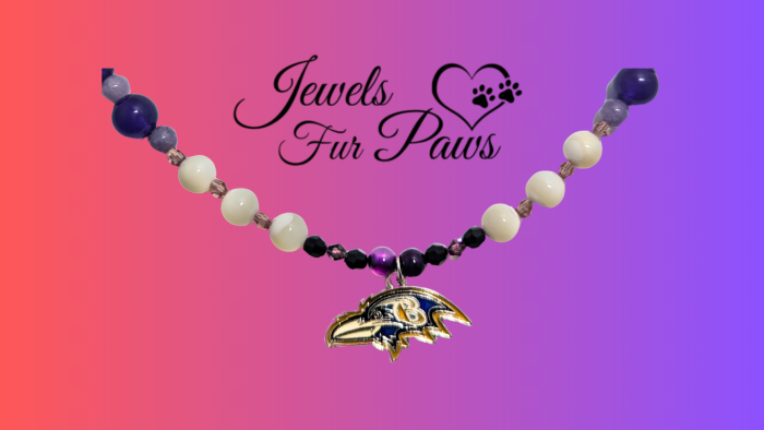 Handcrafted Baltimore Ravens pet necklace with purple jade, white agate, onyx beads, and gold lava for football fans.