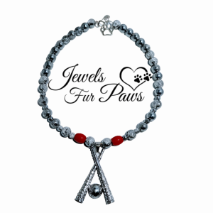 Baseball Bat Charm Pet Necklace featuring sparkling cracked glass beads, authentic gemstones, and crystals, designed to add luxury and sporty elegance to your pet’s style.