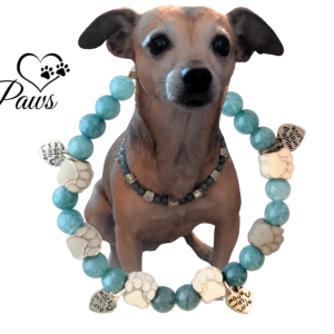 A 9-inch Throat Chakra Necklace for Pets, handcrafted with natural Aquamarine healing beads and elegant paw charms, designed to enhance communication, trust, and emotional balance.