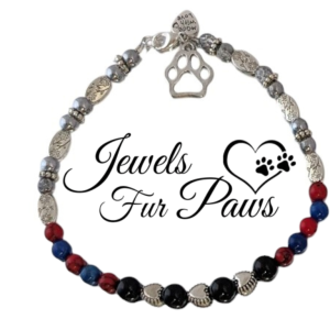 Pet Root & Solar Plexus Chakra Necklace with Red Jasper, Lapis, and Black Onyx stones for emotional balance, grounding, and well-being. Handcrafted 10-inch necklace for pets, promoting chakra alignment and energy balance.