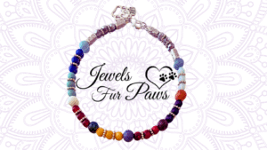 12-inch pet chakra necklace featuring Moonstone, Red Jasper, Lapis Lazuli, Aquamarine, and Yellow Jade beads with silver spacers, designed to promote emotional balance and well-being for your pet.