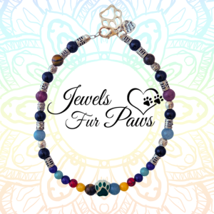 12-inch Pet Chakra Necklace featuring Aquamarine, Calcite, and Black Onyx for emotional balance, healing, and energy alignment.