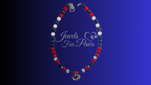 Handcrafted New England Patriots pet necklace with red, white, and blue chakra beads and a football charm for dogs and cats