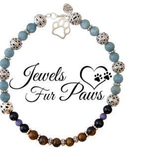 Handmade 12-inch Pet Chakra Necklace for Dogs and Cats featuring Aquamarine and Tiger Eye stones, designed to support Throat and Solar Plexus Chakra healing