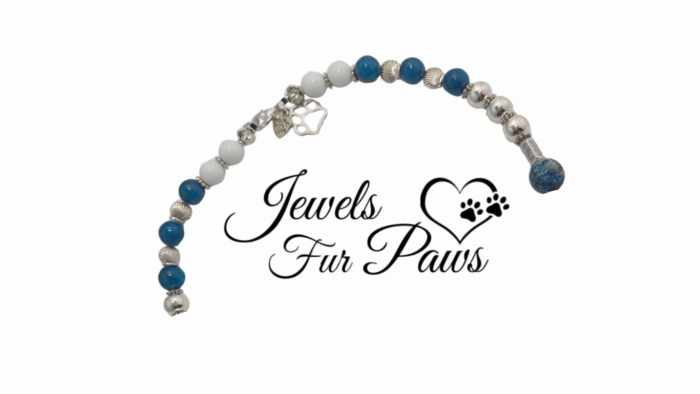 Handcrafted Detroit Lions pet necklace featuring team-colored beads and gemstones, perfect for football fans and their pets.