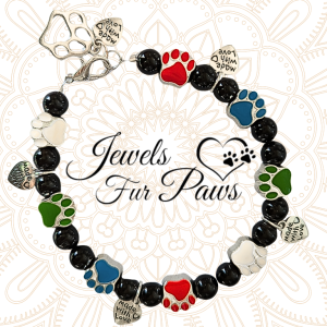 Chakra Pet Necklace –8" Black Onyx Beads for Root Chakra Healing & Enamel Paw Charms
