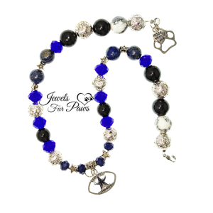 Handcrafted Dallas Cowboys dog necklace featuring Onyx beads, Silver Lava, and Blue Crystals with an official Dallas Cowboys NFL charm. The necklace is designed to enhance your pet's style and team spirit while promoting energetic balance. Perfect for game day, with matching parent and pet options available.