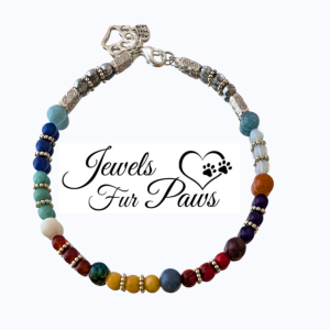 12-inch pet chakra necklace featuring Moonstone, Red Jasper, Lapis Lazuli, Aquamarine, and Yellow Jade beads with silver spacers, designed to promote emotional balance and well-being for your pet