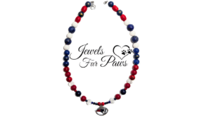 Handcrafted New England Patriots pet necklace with red, white, and blue chakra beads and a football charm for dogs and cats