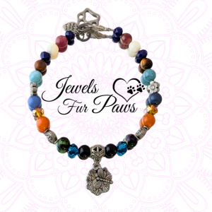 Handcrafted Root, Sacral, and Throat Chakra Necklace for Pets with Aquamarine, Black Onyx, and Orange Calcite beads, silver spacers, and a dragonfly charm, designed to balance energy and promote emotional well-being.