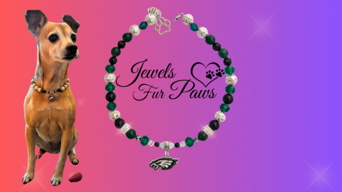 handcrafted Philadelphia Eagles pet charm necklace with green crystals and silver beads.