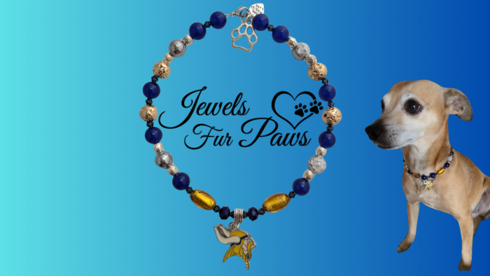 Handcrafted Minnesota Vikings pet collar with purple and gold beads, official NFL logo charm, and chakra-inspired gemstones for dogs or cats.