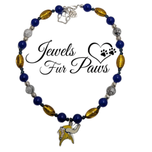 Handcrafted Minnesota Vikings pet collar with purple and gold beads, official NFL logo charm, and chakra-inspired gemstones for dogs or cats.