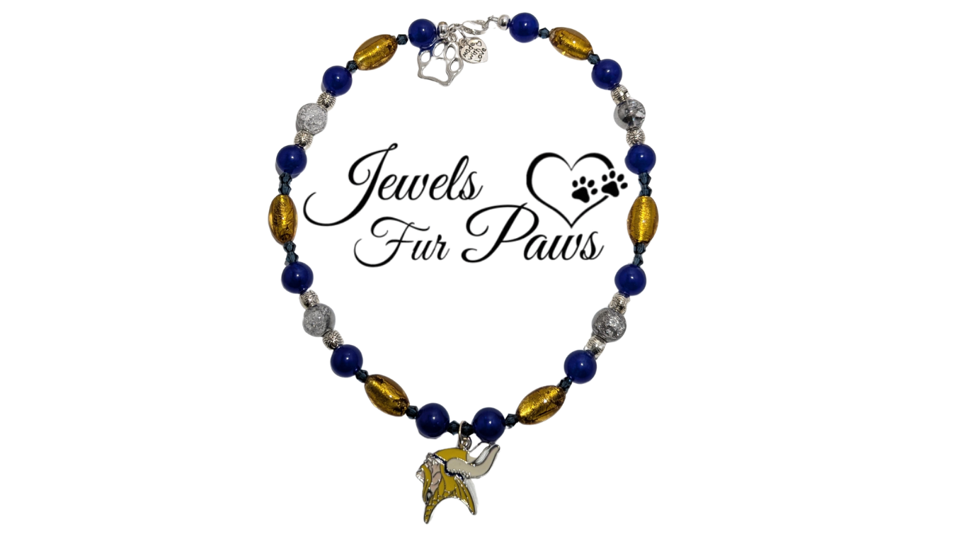 Handcrafted Minnesota Vikings pet collar with purple and gold beads, official NFL logo charm, and chakra-inspired gemstones for dogs or cats.
