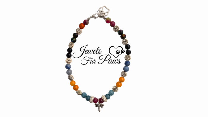 Handmade dragonfly chakra pet necklace with aquamarine, onyx, and orange chalcedony beads