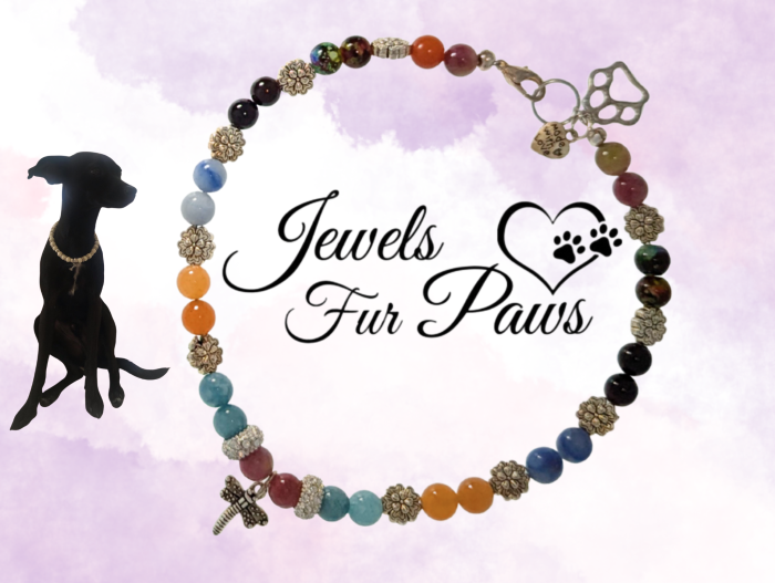 Handmade dragonfly chakra pet necklace with aquamarine, onyx, and orange chalcedony beads