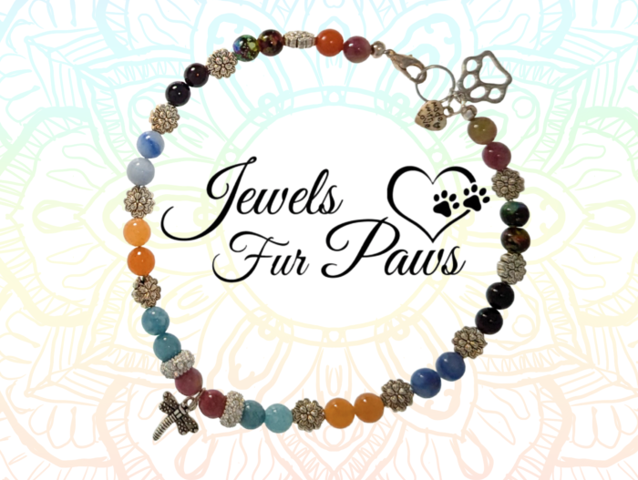 Handmade dragonfly chakra pet necklace with aquamarine, onyx, and orange chalcedony beads