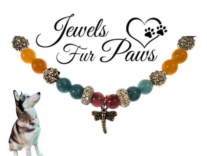 Handmade dragonfly chakra pet necklace with aquamarine, onyx, and orange chalcedony beads