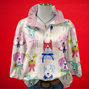 Women’s Dog Print Long Sleeve Blouse, V-Neck Striped Collar, Casual Loose Fit Top