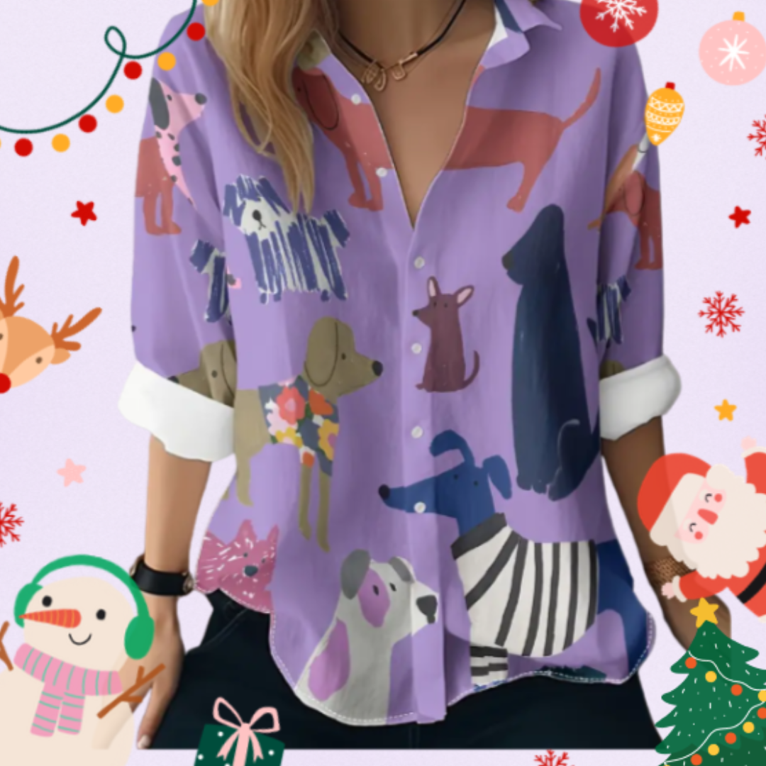 Women’s Puppy Print Button, Front Shirt, Multicolor Blouse with Lapel Collar, Cute Dog Pattern Top for Pet Lovers, Spring/Fall Fashion - Image 4