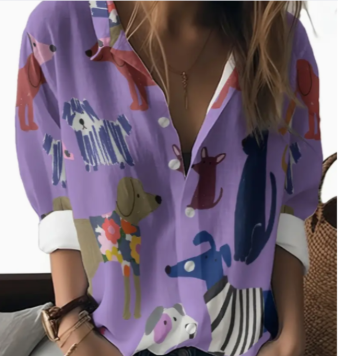 Women’s Puppy Print Button, Front Shirt, Multicolor Blouse with Lapel Collar, Cute Dog Pattern Top for Pet Lovers, Spring/Fall Fashion
