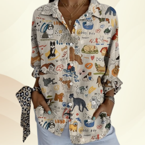 European & American Style Cute Dog Print Shirt, Women’s Casual Long Sleeve Collared Blouse, Spring Summer Autumn Fashion Top