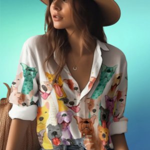 Women's Colorful Dog Print Button Up Shirt, Casual Long Sleeve Blouse with Collar, Machine Washable Polyester Top, Cute Pet Lover Gift