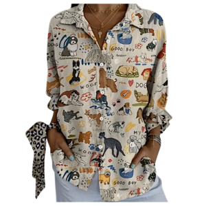 European & American Style Cute Dog Print Shirt, Women’s Casual Long Sleeve Collared Blouse, Spring Summer Autumn Fashion Top