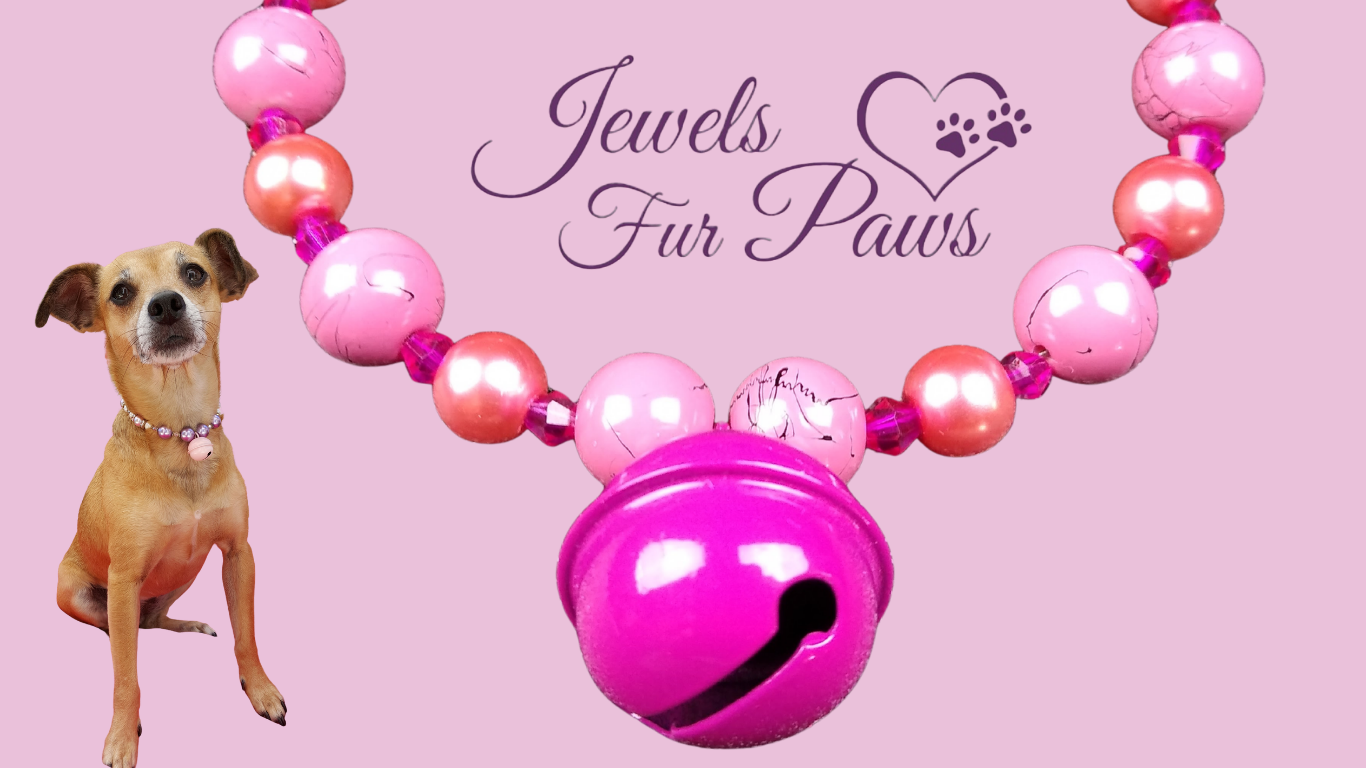 Pink Bell, Pink Beads, and Pink Crystals- The Bell Collection, Handcrafted Pet Necklace Add Charm and Sparkle To Your Pet (Sm)9" - Image 3