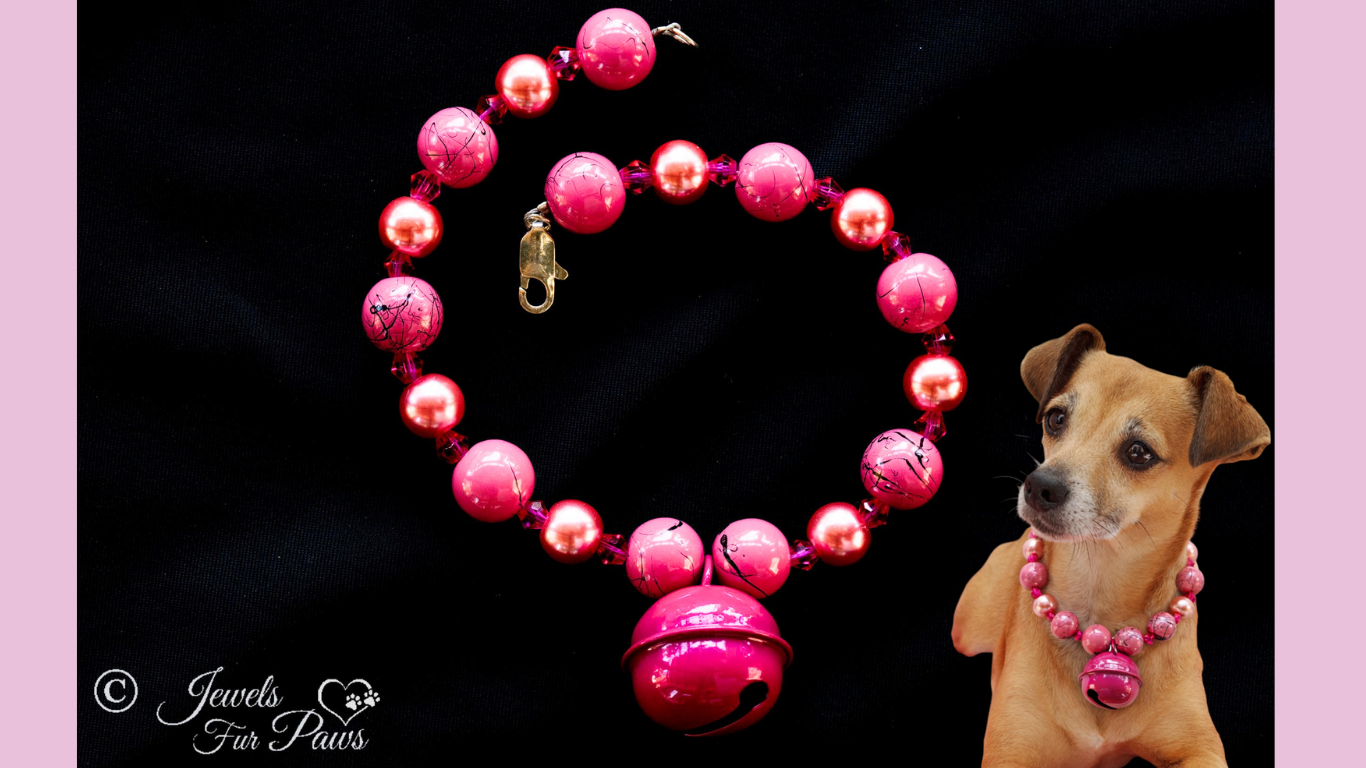 Pink Bell, Pink Beads, and Pink Crystals- The Bell Collection, Handcrafted Pet Necklace Add Charm and Sparkle To Your Pet (Sm)9" - Image 2