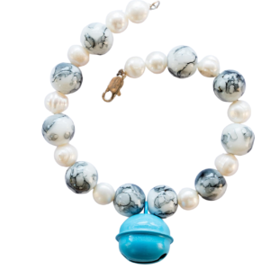 Handmade Pet Collar Necklace with Pearl Beads & Blue Bell - Cat & Small Dog Jewelry- 9” Elegant Pet Necklace