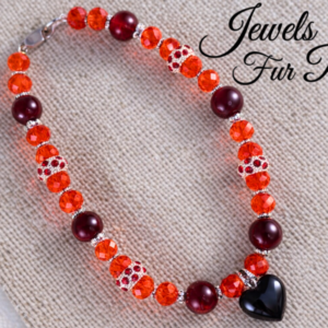 Bright Red Crystal and Garnet Beads Pet Necklace with Heart Charm, Handmade Dog & Cat Jewelry, Diva Collection