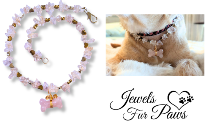 Rose Quartz & Clear Quartz Pet Necklace with Heart Charms and Dog Bone Pendant, Luxury Pet Accessories for S, M, L Pets