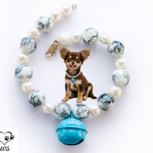 Blue Bell Pet Necklace for Cats & Dogs, ✨ Cultured Pearls, Black & White Marbleized Beads