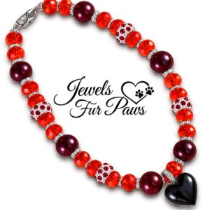 Bright Red Crystal and Garnet Beads Pet Necklace with Heart Charm, Handmade Dog & Cat Jewelry, Diva Collection