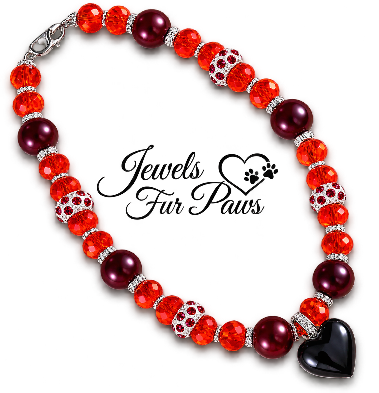 Bright Red Crystal and Garnet Beads Pet Necklace with Heart Charm, Handmade Dog & Cat Jewelry, Diva Collection