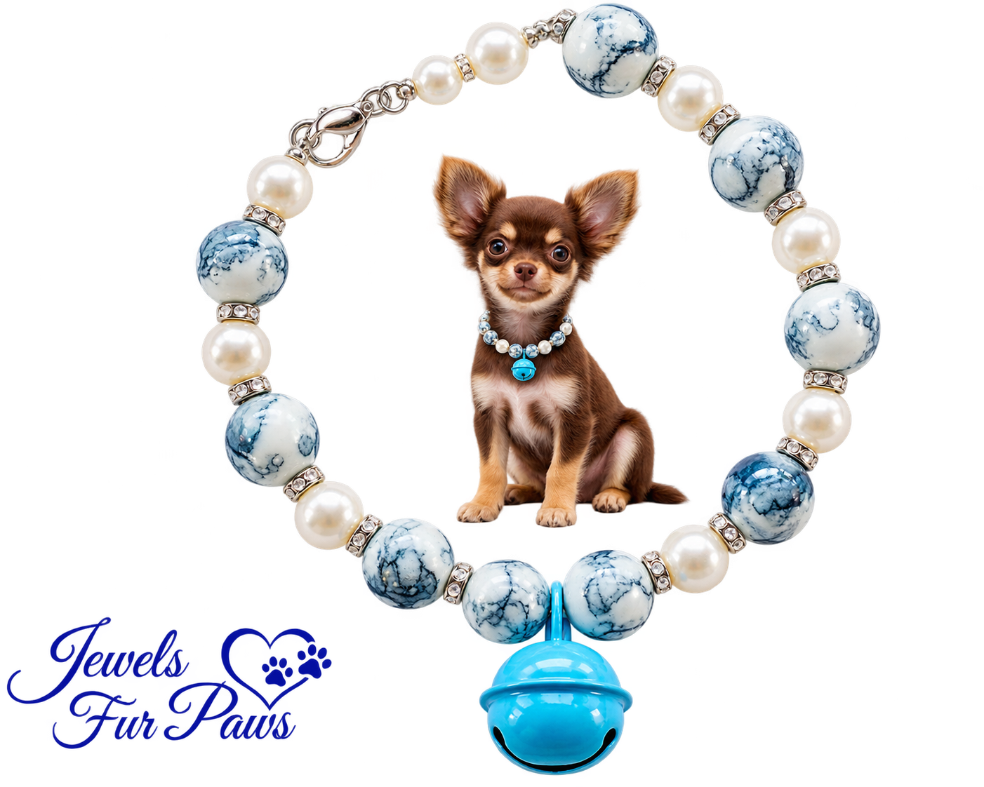 Blue Bell Pet Necklace for Cats & Dogs, ✨ Cultured Pearls, Black & White Marbleized Beads